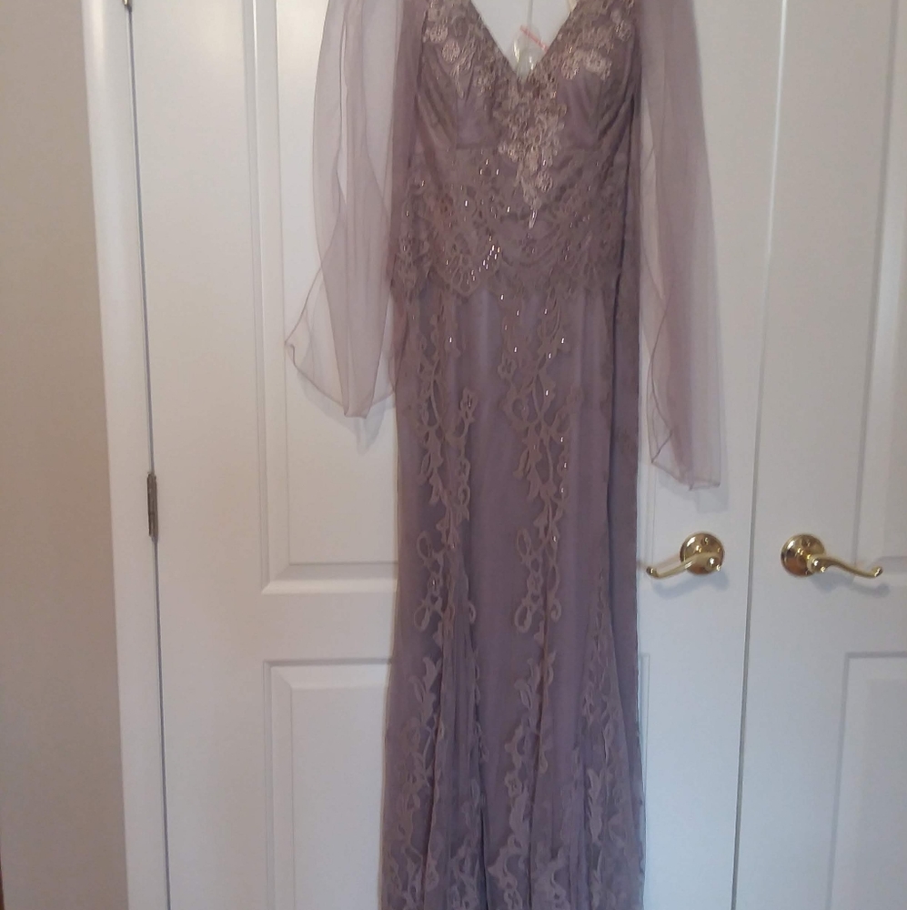 Deep V neckline Lavender Lace Gown with sheer shawl scarf